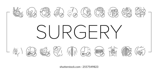 surgery hospital health icons set vector. surgical room, technology plastic, medical patient, emergency medicine, face nose surgery hospital health black contour illustrations