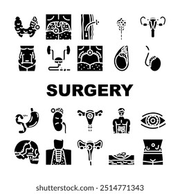 surgery hospital operation icons set vector. anesthesia recovery, scalpel incision, sutures sterile, surgeon patient, procedure surgery hospital operation glyph pictogram Illustrations