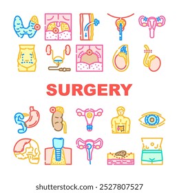 surgery hospital operation icons set vector. anesthesia recovery, scalpel incision, sutures sterile, surgeon patient, procedure surgery hospital operation color line illustrations