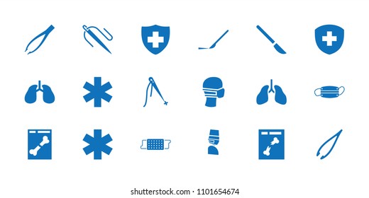 Surgery icon. collection of 18 surgery filled icons such as tweezers, sewing, scalpel, lungs, medical sign, medical mask. editable surgery icons for web and mobile.