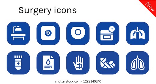  surgery icon set. 10 filled surgery icons. Simple modern icons about  - Operating table, Beats pill, Breast, Anti age, Lungs, Blood test, Radiography, Plastered arm