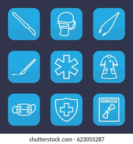 Surgery icon. set of 9 outline surgery icons such as tweezers, scalpel, medical sign, medical mask, x ray