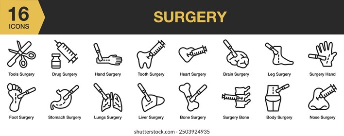 Surgery icon set. Includes body, bone, foot, hand, and More. Outline icons vector collection.