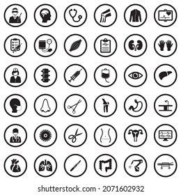 Surgery Icons. Black Flat Design In Circle. Vector Illustration.