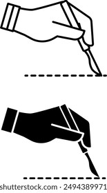 In: Surgery Icons. Schwarz-Weiß-Vektorsymbole. Hand mit Skalpell, die einen Einschnitt macht. Die Hand des Chirurgen, Operation. Gesundheits- und Medizinkonzept