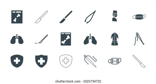 Surgery icons. set of 18 editable filled and outline surgery icons: tweezers, lungs, medical sign, x ray, nurse gown, medical mask, sewing