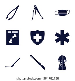 surgery icons set. Set of 9 surgery filled icons such as tweezers, scalpel, medical sign, x ray, nurse gown, medical mask