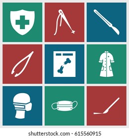 Surgery icons set. set of 9 surgery filled icons such as tweezers, scalpel, medical sign, medical mask, x ray, nurse gown