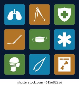 Surgery icons set. set of 9 surgery filled icons such as tweezers, scalpel, lungs, medical sign, medical mask, x ray