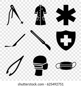 Surgery icons set. set of 9 surgery filled icons such as tweezers, scalpel, medical sign, medical mask, nurse gown