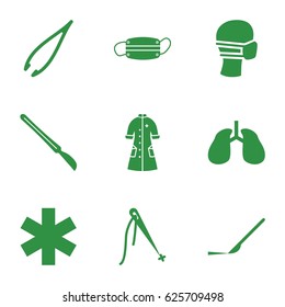 Surgery icons set. set of 9 surgery filled icons such as tweezers, scalpel, lungs, medical sign, medical mask, nurse gown