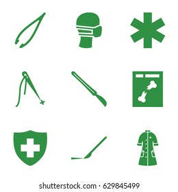 Surgery icons set. set of 9 surgery filled icons such as tweezers, scalpel, medical sign, medical mask, x ray, nurse gown