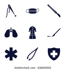 Surgery icons set. set of 9 surgery filled icons such as tweezers, scalpel, lungs, medical sign, nurse gown, medical mask