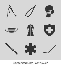 Surgery icons set. set of 9 surgery filled icons such as tweezers, scalpel, medical sign, medical mask, nurse gown