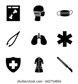 Surgery icons set. set of 9 surgery filled icons such as tweezers, lungs, medical sign, medical mask, x ray, scalpel