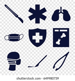 Surgery icons set. set of 9 surgery filled icons such as tweezers, scalpel, lungs, medical sign, medical mask