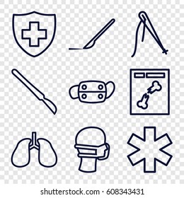Surgery icons set. set of 9 surgery outline icons such as scalpel, lungs, medical sign, medical mask, x ray
