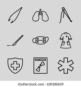Surgery icons set. set of 9 surgery outline icons such as tweezers, scalpel, lungs, medical sign, x ray, nurse gown, medical mask