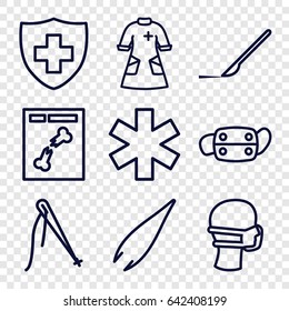 Surgery icons set. set of 9 surgery outline icons such as tweezers, scalpel, medical sign, medical mask, x ray, nurse gown