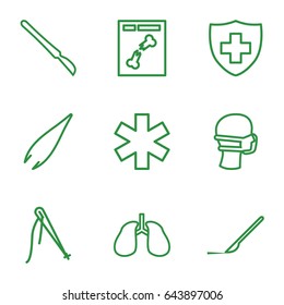 Surgery icons set. set of 9 surgery outline icons such as tweezers, scalpel, lungs, medical sign, medical mask, x ray
