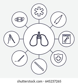 Surgery icons set. set of 9 surgery outline icons such as tweezers, scalpel, lungs, medical sign, x ray, medical mask