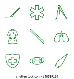 Surgery icons set. set of 9 surgery outline icons such as tweezers, scalpel, lungs, medical sign, nurse gown, medical mask