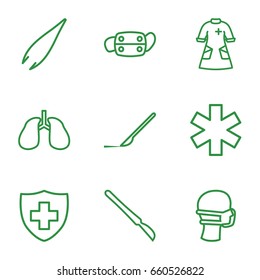 Surgery icons set. set of 9 surgery outline icons such as tweezers, scalpel, lungs, medical sign, medical mask