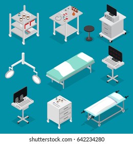 Surgery Icons Set Isometric View Furniture for Interior of Clinic Hospital Medicine. Vector illustration