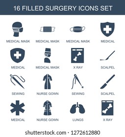 surgery icons. Trendy 16 surgery icons. Contain icons such as medical mask, medical, x ray, scalpel, sewing, nurse gown, lungs. surgery icon for web and mobile.