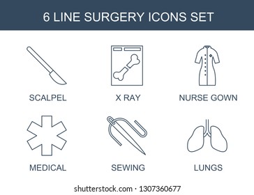 surgery icons. Trendy 6 surgery icons. Contain icons such as scalpel, x ray, nurse gown, medical, sewing, lungs. surgery icon for web and mobile.