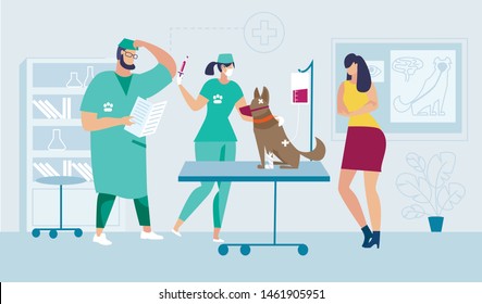 Surgery for Injured Dog in Veterinary Clinic Flat Vector. Medics Team Preparing to Surgical Intervention, Doctor Reading Patients Medical Card, Nurse Holding Syringe, Worried Pet Owner Waiting Beside