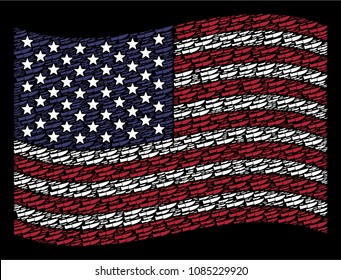 Surgery knife items are arranged into waving American flag stylization on a dark background. Vector collage of American state flag is done of surgery knife elements.