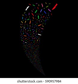 Surgery Knife random fireworks stream. Vector illustration style is flat bright multicolored iconic symbols on a black background. Object fountain combined from scattered icons.