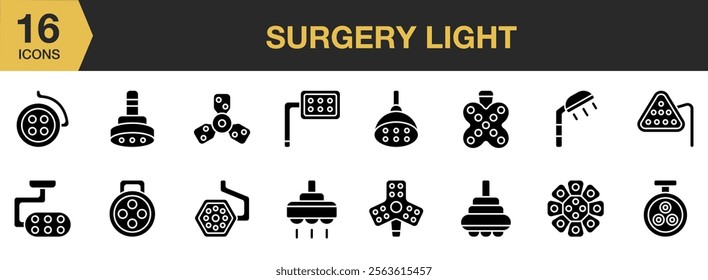 Surgery Light solid icon set. Includes Surgery, Lamp, Light, Hospital, Medical, Equipment, and More. Solid icons vector collection.