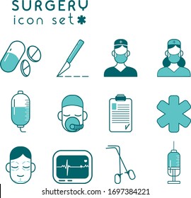 Juego de iconos de vectores médicos de cirugía