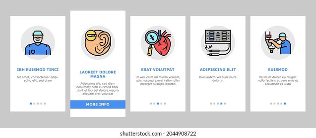 Surgery Medicine Clinic Operation Onboarding Mobile App Page Screen Vector. Lips And Facial Plastic Surgery, Liposuction And Implant Beauty Procedure Illustrations