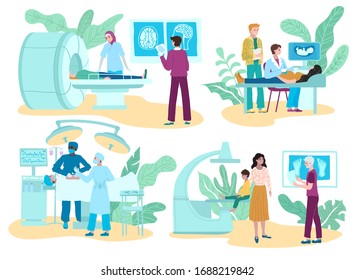 Surgery medicine and diagnostic procedures, medical treatment, set with surgeon doctors consultation, ultrasound and xray isolated on white vector illustration. Surgical medicine and healthcare.