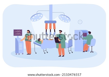 Surgery on cartoon patient using robotic equipment in hospital. Robot conducting surgical operation on man flat vector illustration. Health, technology concept for website design or landing web page