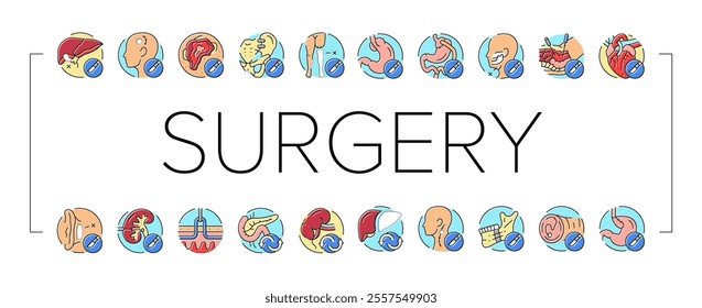 surgery operate room invasive icons set vector. doctor surgical, surgeon medicine, medical hospital, future open septoplasty, lift surgery operate room invasive color line illustrations