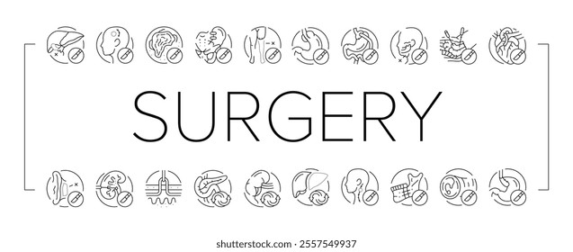 surgery operate room invasive icons set vector. doctor surgical, surgeon medicine, medical hospital, future open septoplasty, lift surgery operate room invasive black contour illustrations