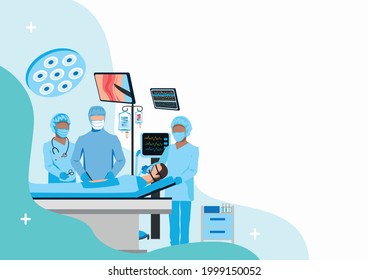 Surgery in the operating room. Medical equipment for surgical operations. Thanks to the doctors and nurses. Vector illustration in flat style with copy space for text.