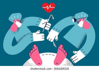 Surgery and operation on heart concept. Two doctors surgeons in uniform and masks standing making operation on heart to lying patient vector illustration