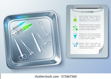 Surgery realistic background with syringes forceps scalpel scissors in metal sterilizer and notepad isolated vector illustration