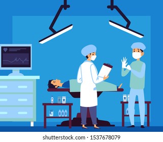 Surgery Room - Cartoon Surgeon Doctors Operating A Man Lying On Table. Blue Interior Of Cardiology Hospital With Medical Equipment, Flat Cartoon Characters Vector Illustration