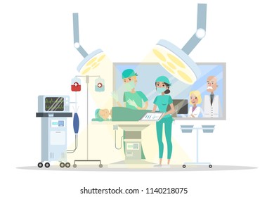 Surgery Room In The Hospital. Surgeon Making Operation To The Child Lying On The Bed And Nurse Helps Him. Emergency Medical Treatment. Isolated Vector Flat Illustration