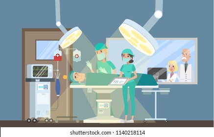 Surgery room in the hospital. Surgeon making operation to the patient lying on the bed and nurse helps him. Emergency medical treatment. Isolated vector flat illustration