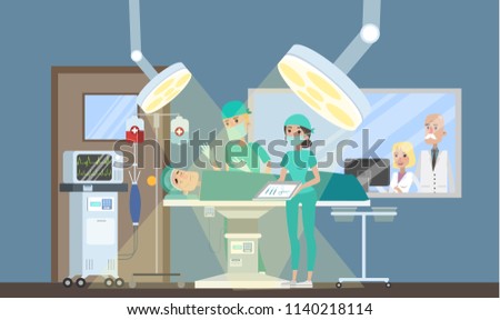 Surgery room in the hospital. Surgeon making operation to the patient lying on the bed and nurse helps him. Emergency medical treatment. Isolated vector flat illustration