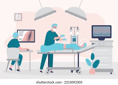 En el interior de la sala de cirugía, las tecnologías de computación ayudan a operar al paciente. Sala de operaciones con instrumentos de medicamentos, accesorios. Cuidados intensivos, anestesia, cirugía, paciente en la mesa de operaciones. vector