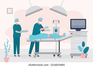 Surgery room interior, group of surgeons operate patient. Operating room with medicines instruments, accessories. Intensive care, anesthesia, surgery, patient on operation table. vector illustration