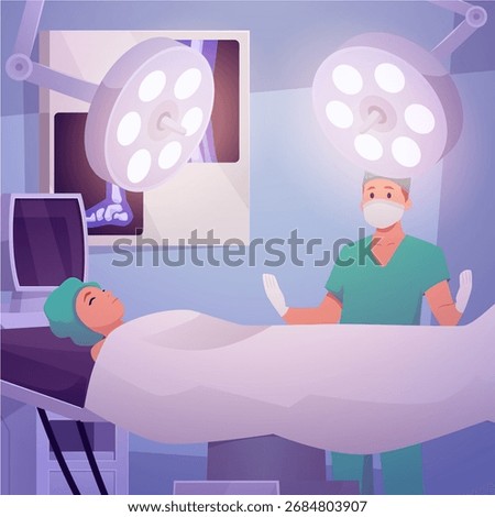 Surgery room interior with patient under anesthesia on the operating table under glowing lamp and surgeon. Vector flat illustration. Hospital operating room with medicines instruments. Intensive care